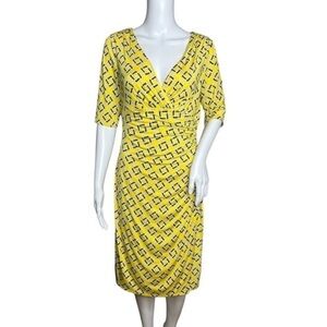 Lauren Ralph Lauren Size 8 Yellow Navy Chain Print Side Ruched Knee Length Dress